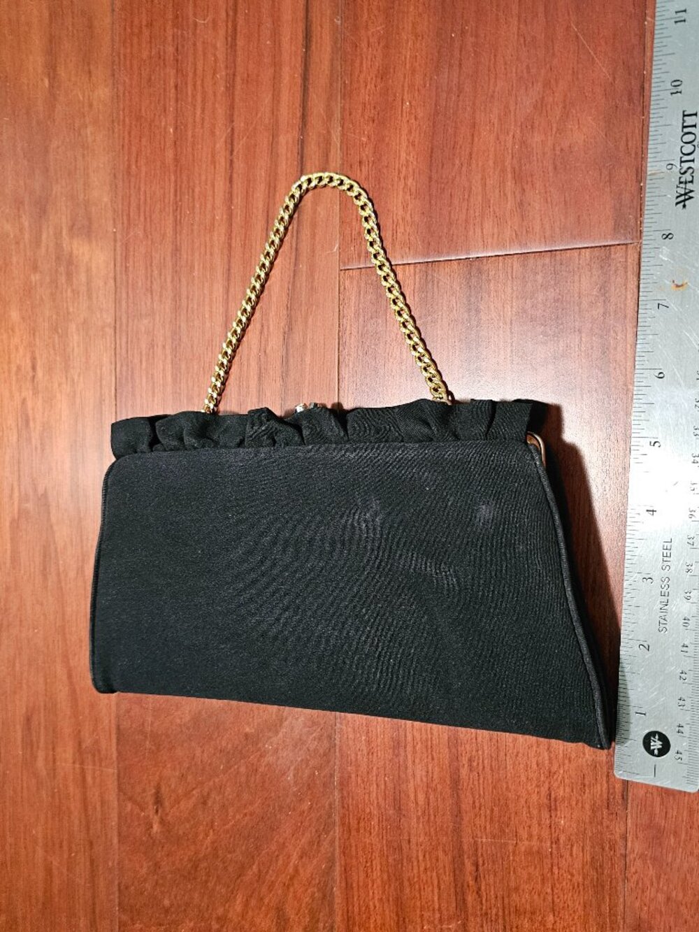 Vintage Black Evening Clutch | Ruffled Top | Gold-Tone Chain